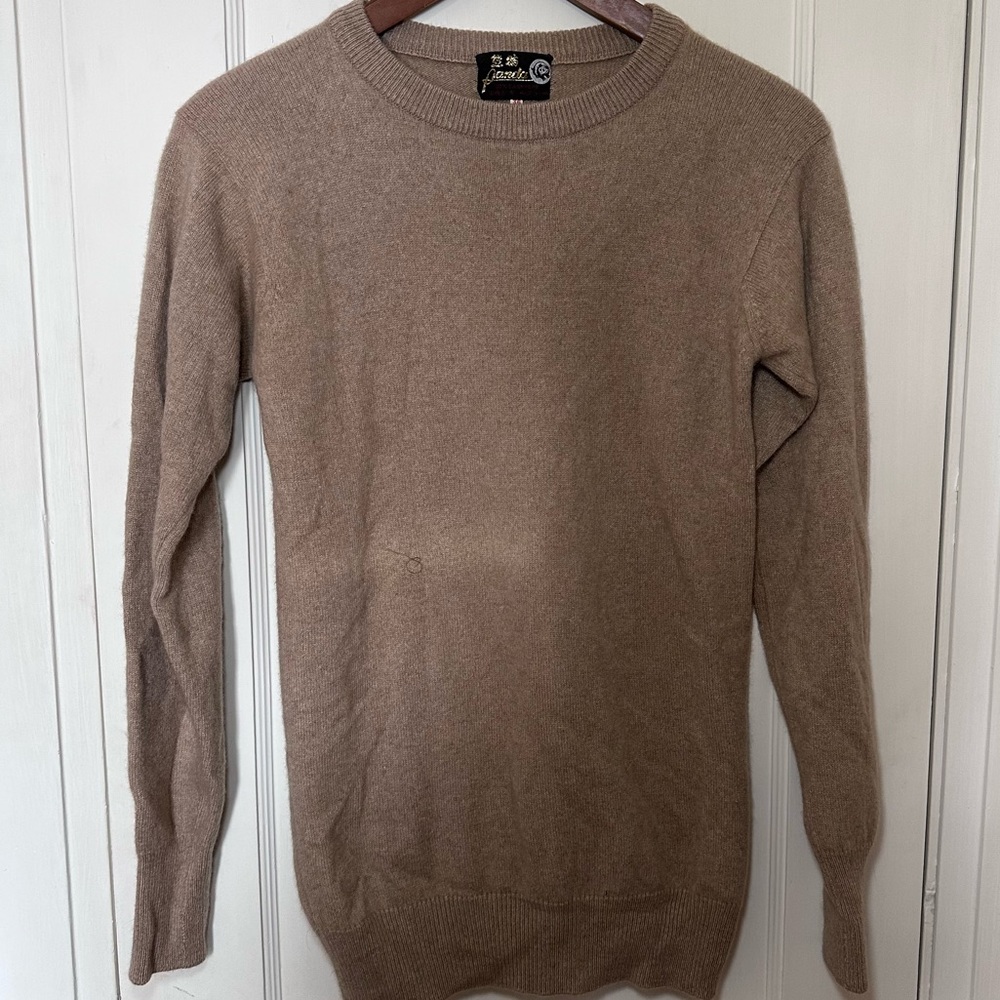 Panda Tan 100% Cashmere Crew Neck, Long Sleeve Sweater, Long Length